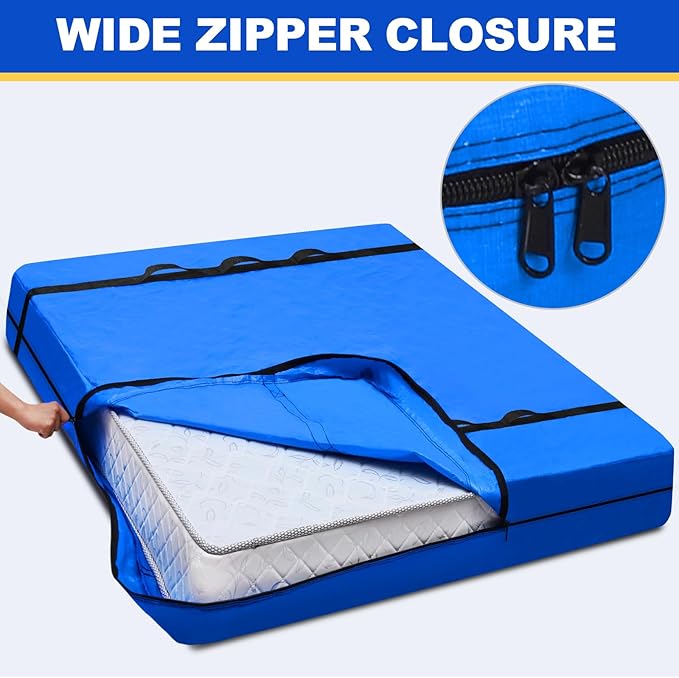 TICONN Mattress Bags for Moving, Heavy Duty Queen Mattress Cover Storage Bag with Full-Around Handle and Adjustable Buckles (Blue, Queen)
