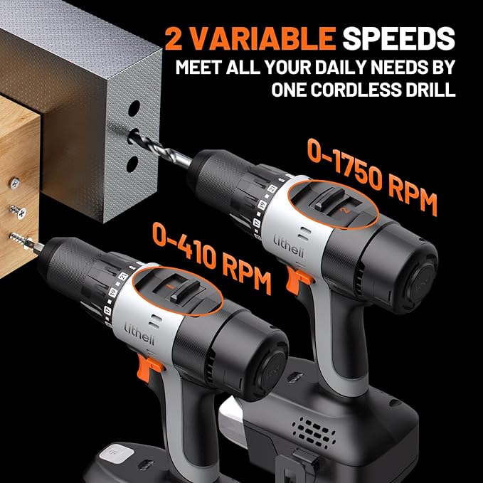 Litheli 20V Cordless Drill Set, 1/2-Inch Keyless Chuck, 443 In-lbs Torque, 2.0Ah Battery with Power Bank Function & Type-C Charging, 64-Piece Home Tool Kit with Bag for DIY & Home Repairs