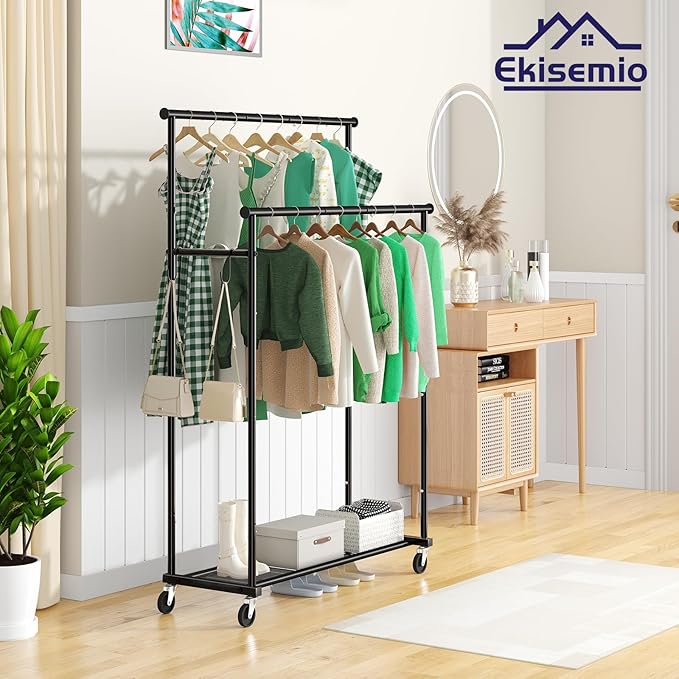 Ekisemio Double Rods Clothes Rack with Wheels Load 400 LBS, 45 Inch Rolling Clothing Rack for Hanging Clothes, Heavy Duty Garment Rack with Shelves, Metal Portable Closet, Black