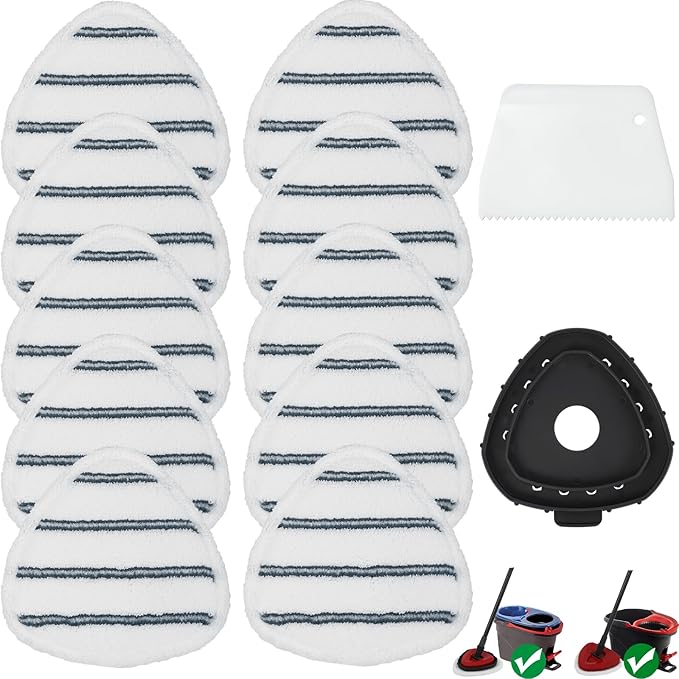 10 Pack Flat Mop Replacement Pads, Spin Mop Pad Replacement, Mop Refill Pads for O-Cedar EasyWring, 1 Mop Base and 1 Scraper for Cleaning Floor, Wall, Ceiling, Easy to Replace