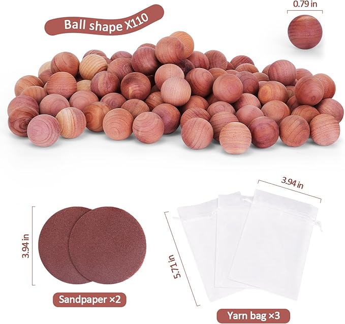 Woodever 110 Pack Cedar Balls for Clothes Storage, for Wardrobes and Drawers, 100% Natural Aromatic Cedar Wood Balls, with Sandpaper and Sachets