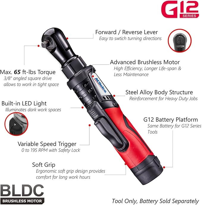 ACDelco G12 12V Cordless Combo Kit – Mini Polisher, 3/8" Impact Wrench (90 ft-lbs), Ratchet Wrench (55 ft-lbs) with 2 Li-Ion Batteries & Fast Charger, Auto Repair & DIY Tools