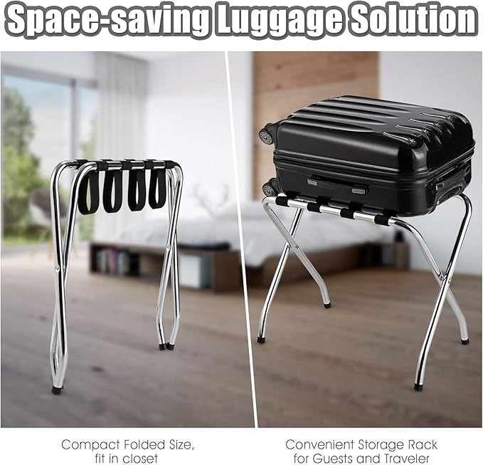 Tangkula Chrome Luggage Rack for Guest Room, No Assembly Required, Folding Metal Suitcase Stand with Nylon Belts, for Home Bedroom Guest Room Hotel, Luggage Rack, Silver (4)