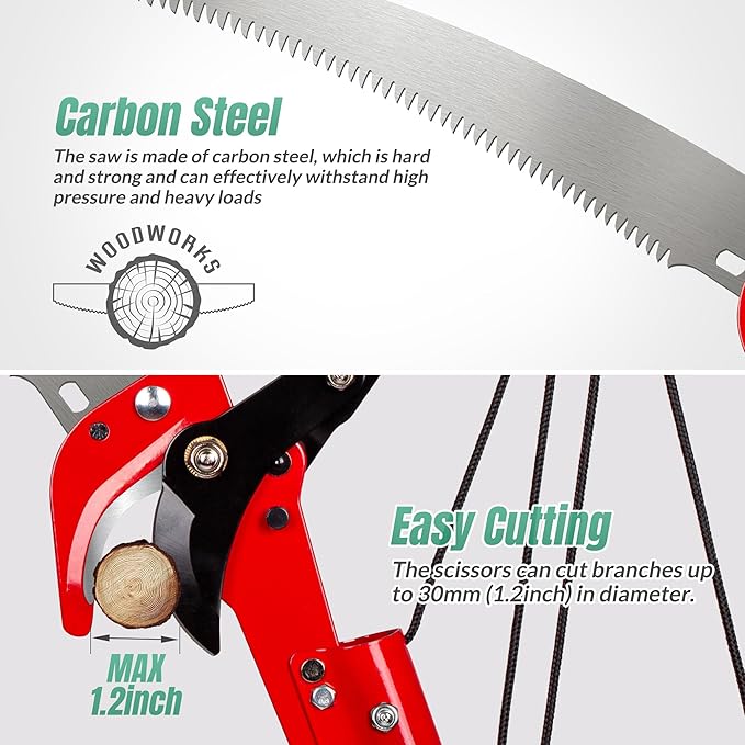 Suchtale Manual Pole Saw, Pruning Saw, Tree Pruner with Steel Blade & Scissors, Tree Trimmer for High Branches,Palms and Shrubs, 14FT Extendable Long Handle Limb Cutter, Yard Garden Branch Trimming
