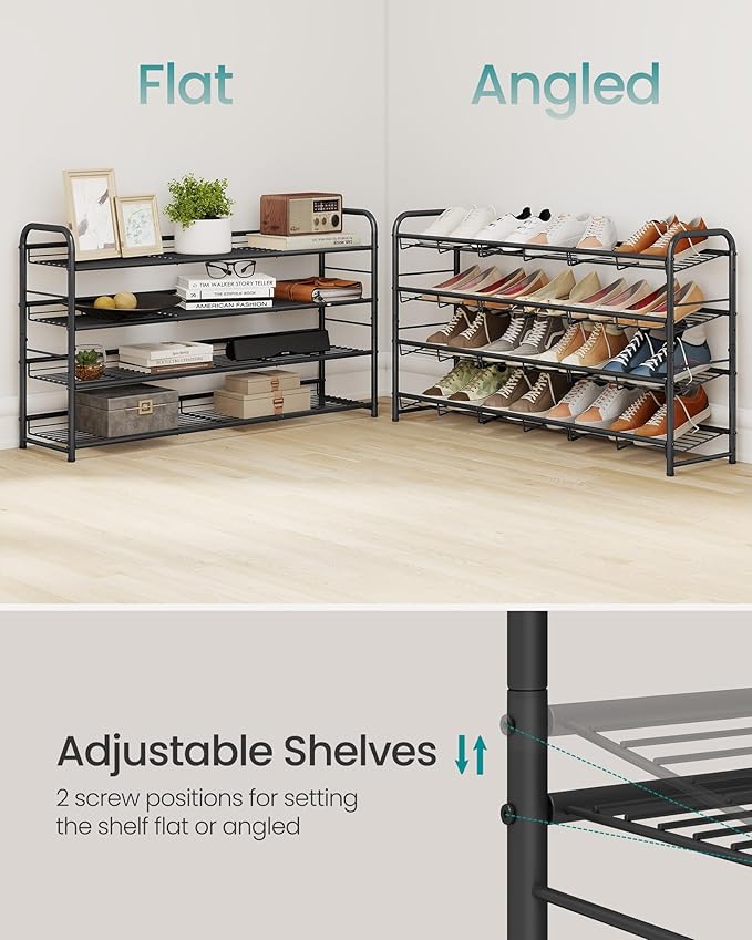 SONGMICS Stackable Shoe Rack, 4 Tier Metal Shoes Rack Storage Shelf, Holds up to 20 Pairs, Adjustable Slanted Shelves Tower Organizer for Closet Entryway Small Spaces, Black ULMR107BD01