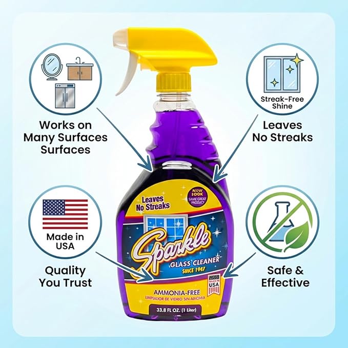 Sparkle Glass Cleaner Spray Bottle & 1 Gallon Refill, Ammonia-Free Original Formula, Streak-Free Shine, 33.8 fl oz + 128 fl oz (Pack of 1 Set)