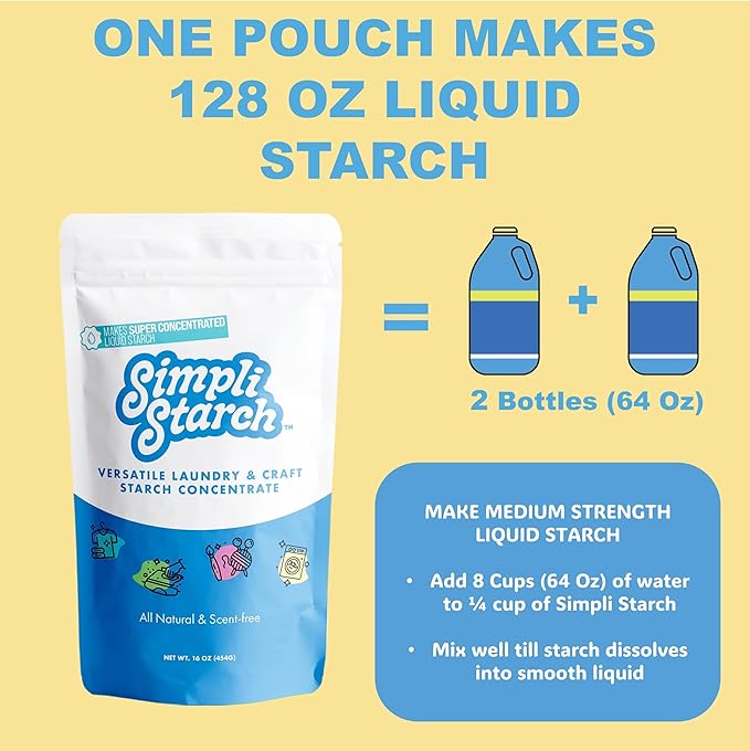 Dissolvable Liquid Starch Powder Mix. Makes 128 Oz Liquid Starch. Perfect For Stiffening Fabric, Removing Wrinkles, Laundry & Ironing. Ideal for Arts and Crafts, Paper Mâché, Playdough (1 Pack)