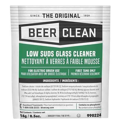 BEER CLEAN 990224 Low Suds Glass Cleaner, Restaurant Barware & Glassware Cleaner for Auto Brush, Powder Packets, 0.5-Ounce (Pack of 100)