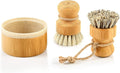 SUBEKYU Bamboo Dish Brush Set with Soap Holder, Wooden Dish Scrubber with Soap Dispenser, Natural Kitchen Scrub Brush, Washing Pot/Pans/Cast Iron, 2 Pack, Sisal + Coconut Palm Bristles