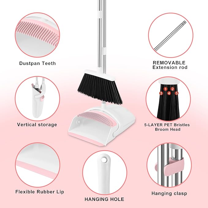 Broom with Dustpan Combo Set for Home 54-in Long Adjustable Handle Angle Broom and Dustpan Set with Dustpan Comb Teeth for Sweeping Pet Hair Food Dirt Kitchen