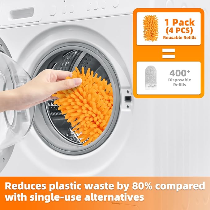4 Pack Reusable Duster Refills Compatible with Swiffer Hand Duster, Washable Microfiber 360 Heavy Duty Dusters Refills for Dusting Cleaning(Include 1 Handle & Laundry Bag)