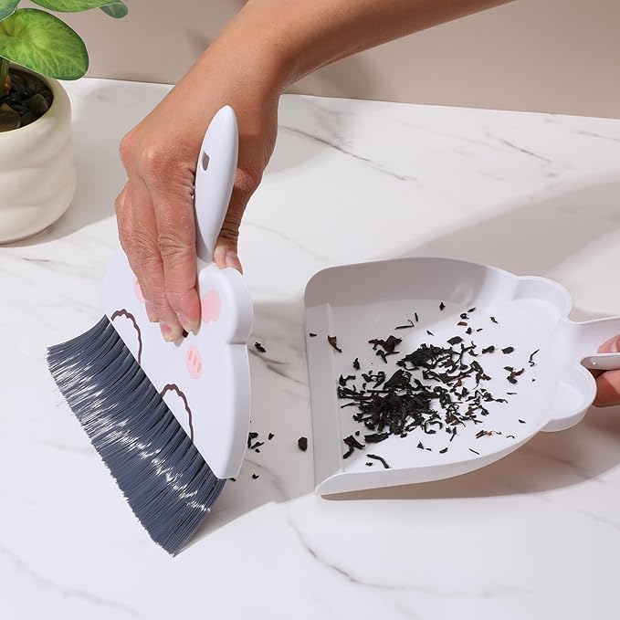 Upgrade Small White Broom and Dustpan Set, Hand Dustpan and Brush Set, Cute White Mini Broom and Dust pan Sets, Little Dust Pan for Home Use Tabletop Debris Cleaning Pet Cages Guinea Pig Cages