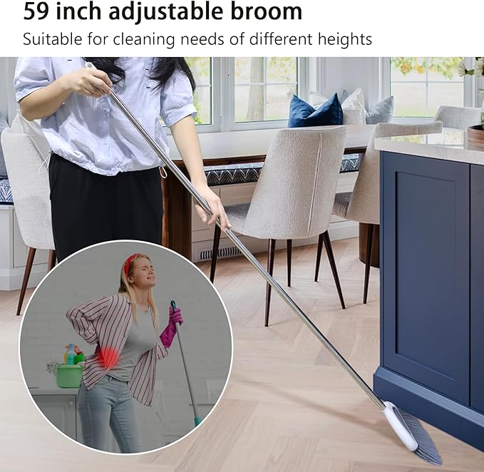 Angle Broom for Hardwood Floors - Soft Bristled Kitchen Broom, Indoor & Office Use (Off White)