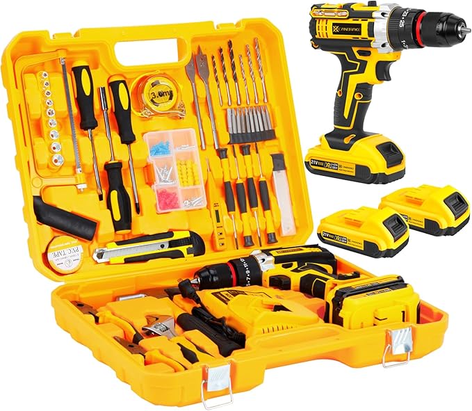21V Tool Kit with Drill, 120PCS 21V Cordless Drill Set with 3/8" Keyless Chuck of Metal & 25+3 Clutch with Impact, 2 x 2.0Ah Battery & Fast Charger, Max Torque 45Nm, 2-Variable Speed