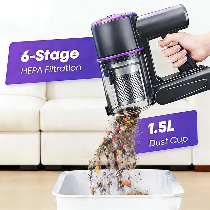 LAQVITA Cordless Vacuum Cleaner, Vacuum Cleaners for Home with 180° Bendable Wand | Green LED Light, Self-Standing, 1.5L Dust Cup, Washable HEPA Filter| Lightweight Stick Vacuum for Hardwood Floors
