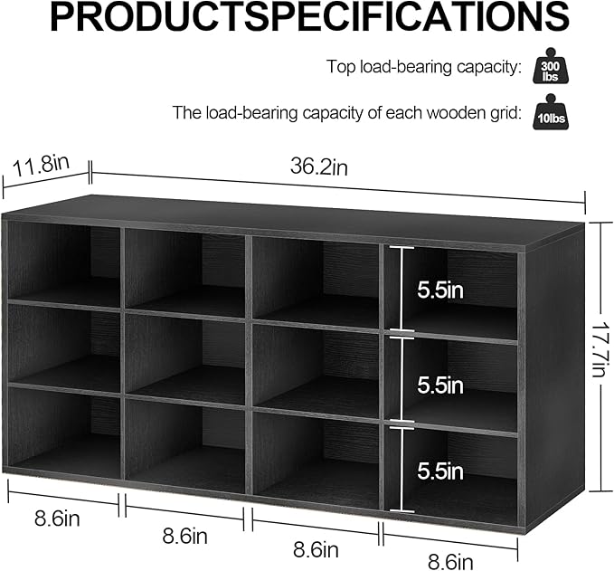 Garden 4 you Shoe Storage Bench, Cubby Shoe Rack with 12 Cubbies, 3-Tier Wood Shoe Rack Organizer, Shoe Organizer Cabinet for Entryway, Hallway, Closet and Garage, Black