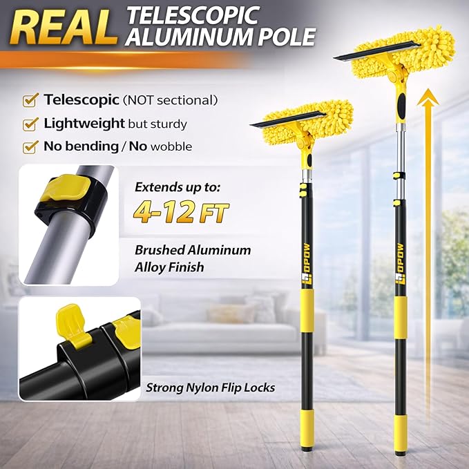 18FT High Reach Window Squeegee with Extension Pole, 2 in 1 Window Washing Kit with 3-Stage Telescopic Pole & Rotatable Head, No-Ladder Window Cleaner for High Window, Solar Panel, RV & Outdoor Glass