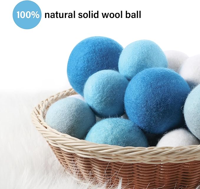 24 Pack Blue Wool Laundry Balls, 3.15'', 2.4'' Reusable Laundry Wool Dryer Balls Natural No Lint Fabric Softener for Clothing Wrinkles