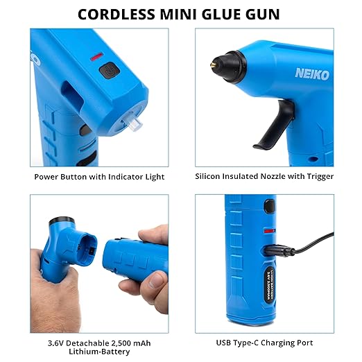 NEIKO 10582A Cordless Glue Gun, 20W Rechargeable Hot Glue Gun, 20 Glue Sticks Included, Wireless Anti Drip Nozzle Mini Glue Gun for Arts and Crafts, Mini USB Charging Port, Insulated Nozzle