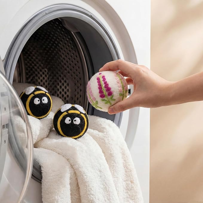 Soulchen 6 Pack Reusable Wool Dryer Balls with Cute Design, Laundry Accessories for Efficient Drying Soften Laundry Reduce Wrinkles Static Pet Hair Remover (Bee Flower)