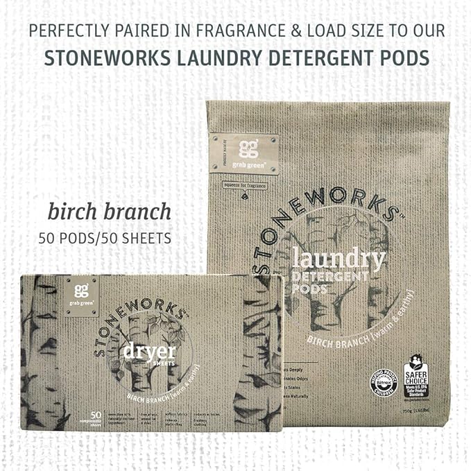 Grab Green Stoneworks Cruelty-Free Dryer Sheets | Softens Fabrics, Freshens Clothing & Reduces Static-Cling and Wrinkles | Plant Based | Birch Branch Scent (160 Sheets)