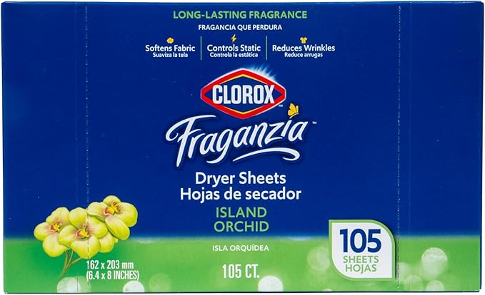 Clorox Fraganzia Fabric Softener Dryer Sheets, Wrinkle Reducing and Anti Static Laundry Dryer Sheets for Great Smelling Clothes, Softens Fabrics, Island Orchid Scent, 105 Count
