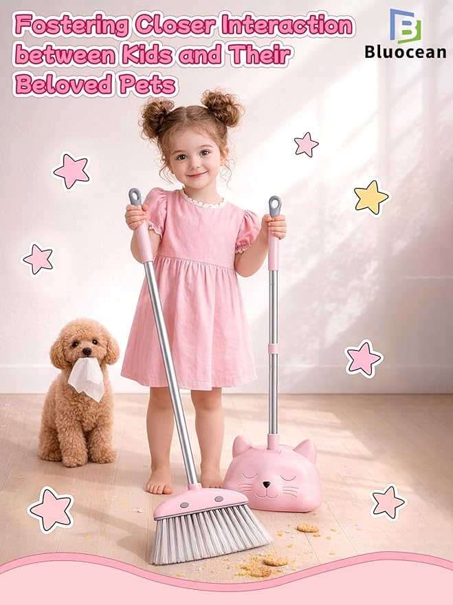 28'' Kids Mini Broom with Dustpan & Mop Set - Toddler Cleaning Toy, Toddler Household Helper, Parent-Child Interactive Play Cleaning Tool, Cute Cartoon Design, Small Safe Corner Broom (Pink)