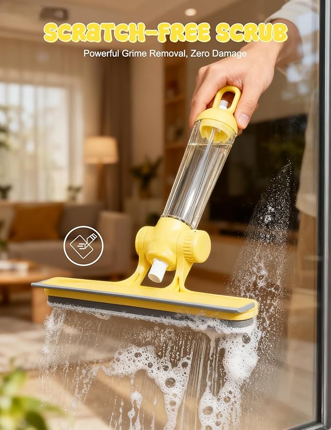 4 in 1 Glass Cleaning Tool with Adjustable Angle Squeegee Spray Bottle and Scrub Brush for Shower Glass Car Windows and Mirrors All in One Window Cleaner Kit