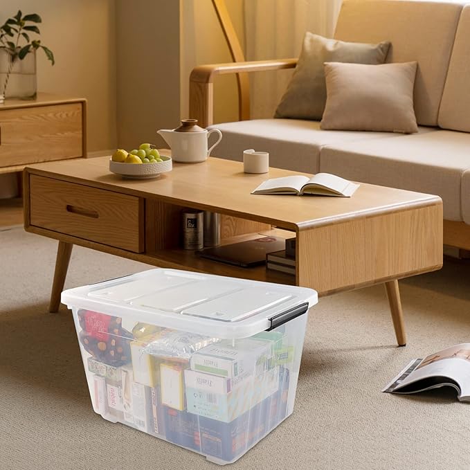 Cand 4 Packs 70 Quart Plastic Storage Box with Wheels, Large Lidded Storage Bins, Clear