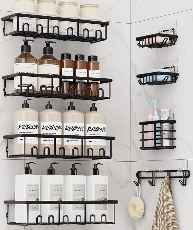 8 Pack Adhesive Rustproof Shower Caddy with Soap Dishes, Toothbrush Holder & Hooks, Large Capacity No-Drilling Shower Shelves Rack for Bathroom Organizers and Storage Accessories, Black