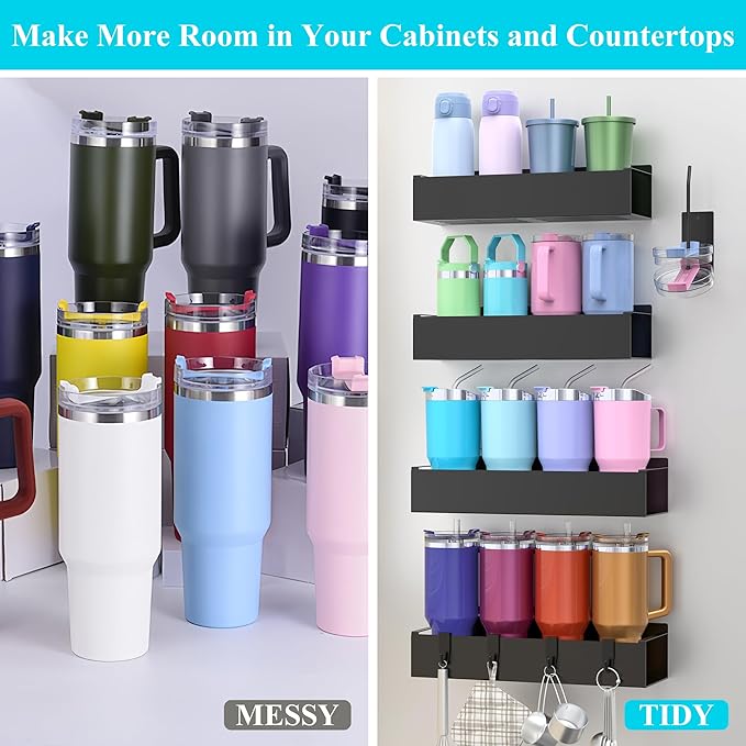 Metal Magnetic Water Bottle Holder for Refrigerator, Cup Holder Organizer for Stanley and Tumbler for Kitchen, 4 Pack, Jet Black