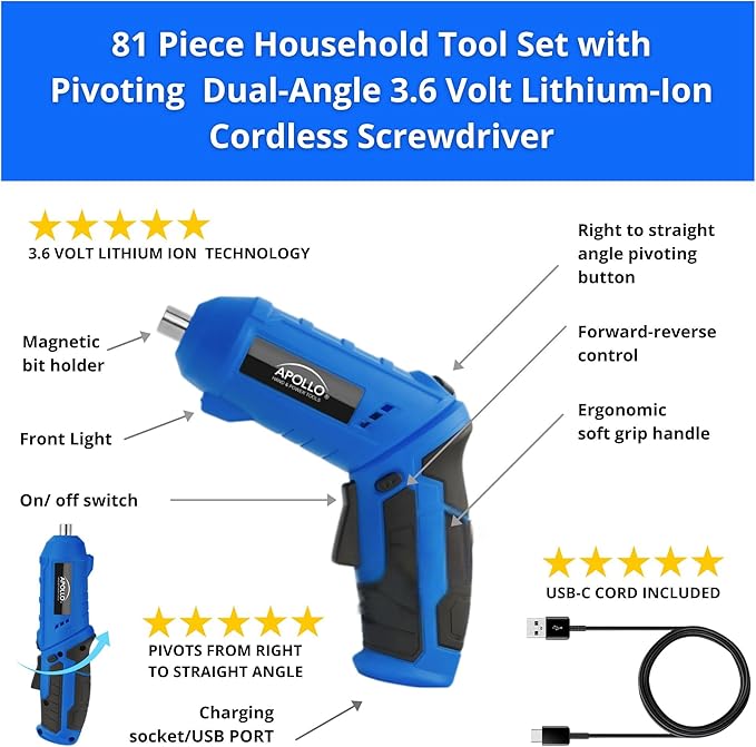 Apollo Tools 81-Piece Home Tool Set with 3.6V Li-Ion USB Cordless Screwdriver, Rotating Handle, LED Light, Hand Tools & Picture Hanging Kit – Compact Household Repair & DIY Kit, Blue/Gray DT2020