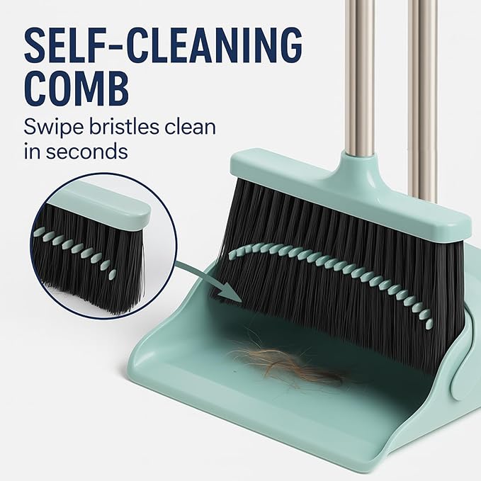 Pet Hair Broom and Dustpan Set, Self Cleaning Teeth No Hair Tangling, Heavy Duty 4 Layer Bristles, Long Handle Upright Sweep Set, Rubber Lip No Dust Left Behind for Home Floor Cleaning(Green)