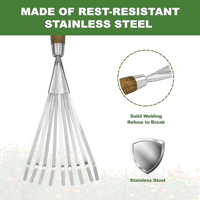 Haliaeetus Garden Hand Rake, 14.6'' Small Rake for Tight Areas, 9 Tines Stainless Steel Garden Rake with Ergonomic Wood Handle for Clearing Leaves and Loose Debris in Flower Bed and Around Plants