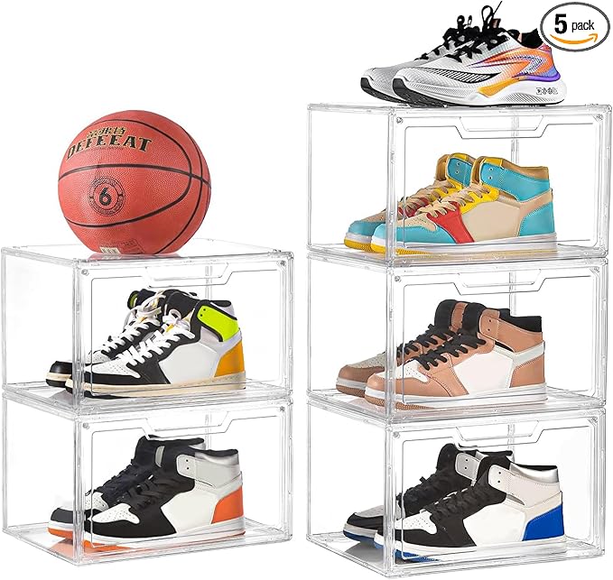 5 Pack Clear Stackable Shoe Organizer Box with Lids, Acrylic Shoes Box with Magnetic Doors, Transparent Shoe Storage Bins Closet Organizers, Shoes Containers For Sneaker Display, Fit up to US Size16