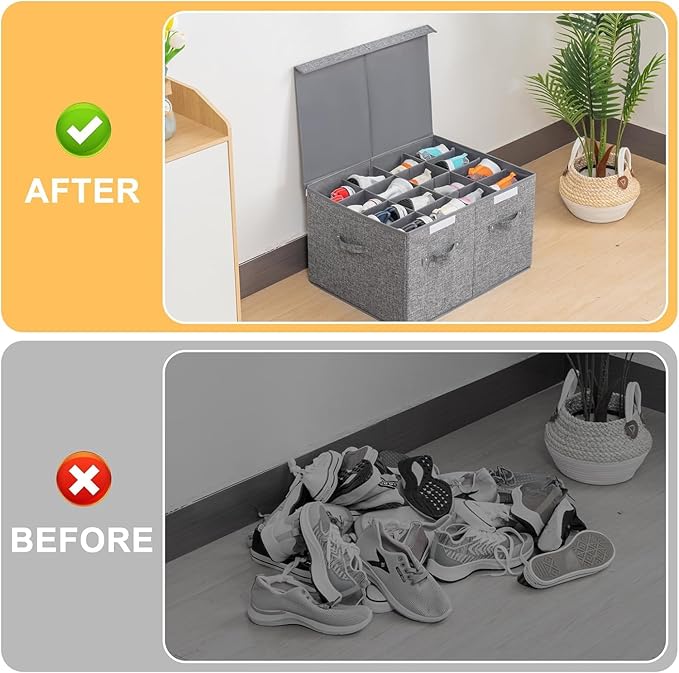 Shoe Organizer for Closet Fits 16 Pairs, Large Shoe Storage Box Bins Containers with Lid and Adjustable Dividers for Shoes, Sneakers and High Heeled, Hard Shell and Stackable (Grey)