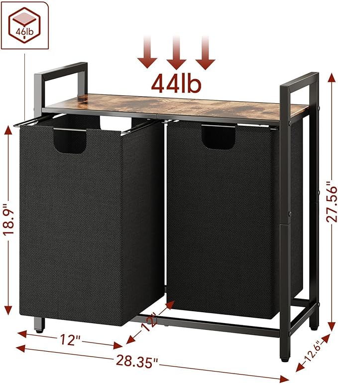 Kitstorack Laundry Basket Organizer, Laundry Hamper with Shelf & 2 Pull-Out Removable Bags, Dirty Clothes Hamper Organizer for Laundry Room Bathroom and Dorm, 2 x 11.8 gallons (44.5L)