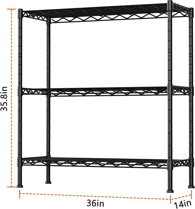 Soywey 3-Shelf Adjustable Heavy Duty Storage Shelves,36" Wx14 Dx35.8 H Metal Organizer Wire Rack for Laundry Bathroom Kitchen Pantry Closet Garage Shelving Black