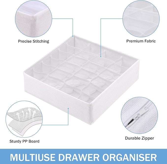 Foldable Storage Cubes Drawer Underwear Organizer Dividers， under Cabinet Organizer 24-Cell Fabric Storage Boxes for Lingerie,Socks,Ties （White）