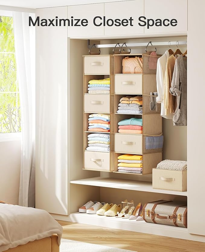 Pipishell 6-Shelf Hanging Closet Organizer, with 3 Detachable Drawers & Side Pockets, Closet Organizers and Storage for Bedroom, Garment Rack and Wardrobe Organization, Dorm Clothes Organizer, Beige