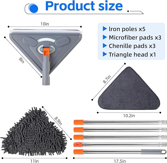 Wall Mop with 80 Inches Long Handle, Wall Cleaner Mop Tool for Window/Walls/Ceiling Fans/Dust/Baseboard/Floors Clean, 360° Ceilings Cleaner Tool Duster with Squeegee 6 Replacement Pads