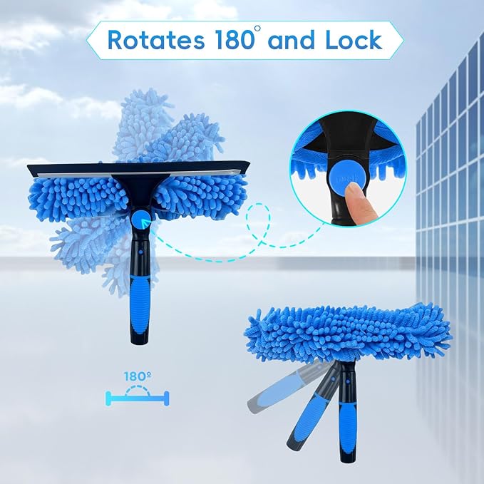 Window Squeegee Cleaning Tool, 2 in 1 Telescopic Window Cleaner Rotatable Window Washing Equipment for High Window, Interior Roof, Car Glass, Home
