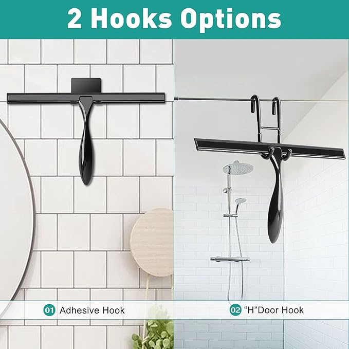 Shower Squeegee for Glass Doors,12-Inch Shower Glass Squeegee, Matte Black Shower Squeegee for Shower Doors,Mirror,Windows, with Shower Door Hook and Adhesive Hook