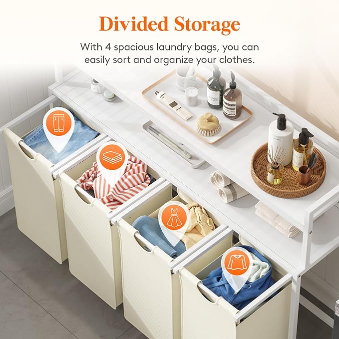 Lifewit Laundry Hamper 4 Section, 168L Pull out Laundry Clothes Basket Organizer with Large Top Shelf and 4 Removable Bags and Handles for Laundry Room Bedroom Bathroom, White with Shelves and Wheels
