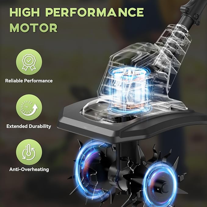 Cordless Tiller Cultivator - 21V 360RPM Electric Garden Tiller with 2 * 4.0Ah Batteries & Fast Charger, 9In Tilling Width and 6.7In Depth, Tiller for Gardening, Lawn, Soil