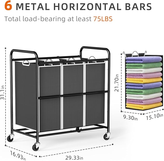 ROMOON Laundry Sorter Hamper 3 Section, Divided Laundry Basket Organizer with Heavy Duty Lockable Wheels and Removable Bags, Rolling Clothes Hamper for Apartment, Dorm & Family (130L Modern Black)