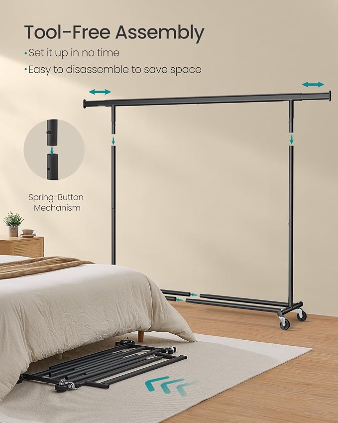 SONGMICS Clothes Rack with Wheels, Heavy-Duty Clothing Rack for Hanging Clothes, Portable, 17.7 x (63-78.7) x 63.6 Inches, with Extendable Hanging Rail, 330 lb Load Capacity, Black UHSR175B01