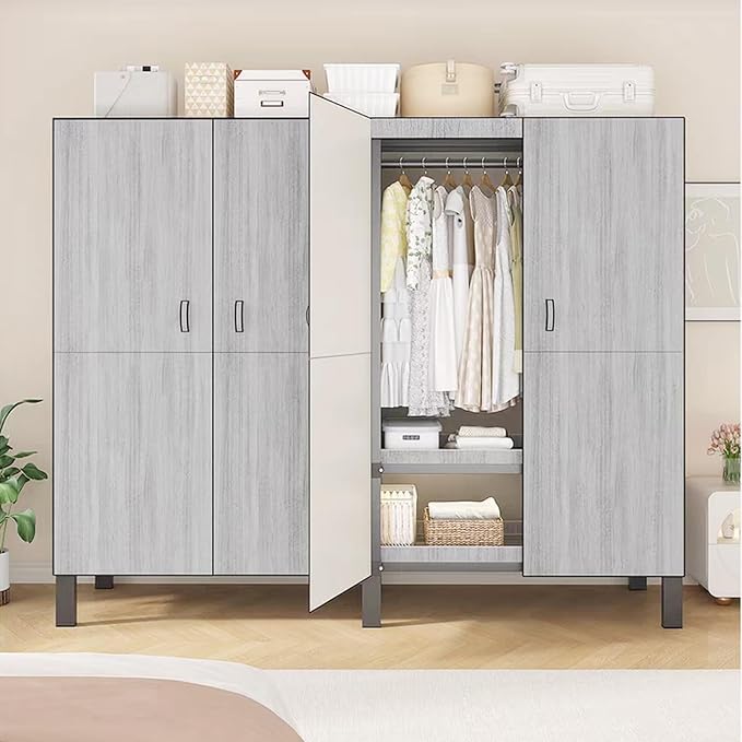 Heavy Duty Covered Clothes Rack with Magnetic Door Foldable Portable Wardrobe Closet for Hanging Clothing Rolling Black Metal Garment Rack on Wheels Closet System (Gray, 49.12in)
