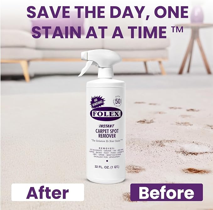 FOLEX Instant Carpet Spot Remover 32 oz – Powerful Stain Remover for Carpets, Upholstery & Rugs – Eliminates Pet Stains, Grease, Red Wine, Food, Makeup & More – With Reusable Cleaning Cloth – 2 Pack