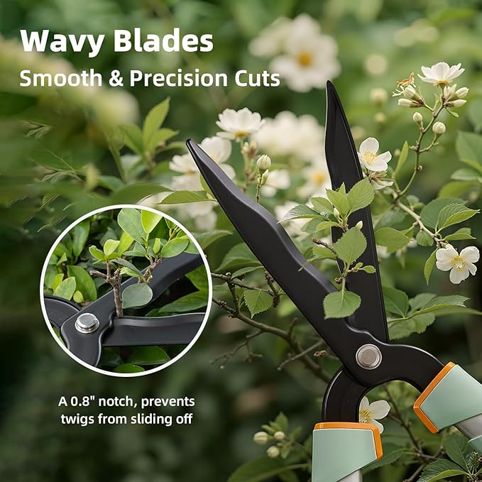 PrunePro Extendable Hedge Shears (27"-35") | Wavy Stainless Steel Blades | Teflon Coated for Smooth Cuts | Lightweight Adjustable Garden Clippers for High Hedges & Bushes
